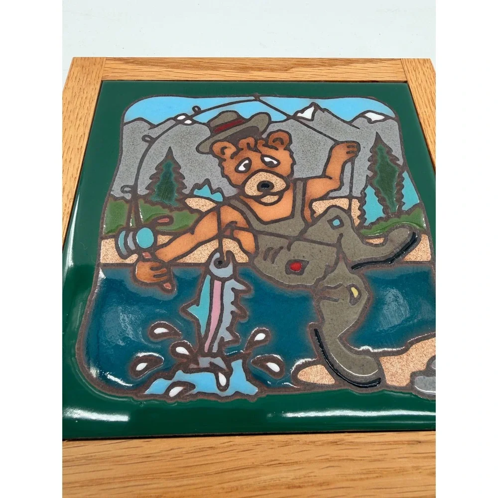 Masterworks Ceramic Tile Trivet Green Fishing Bear Framed Folk Art Cabin Decor